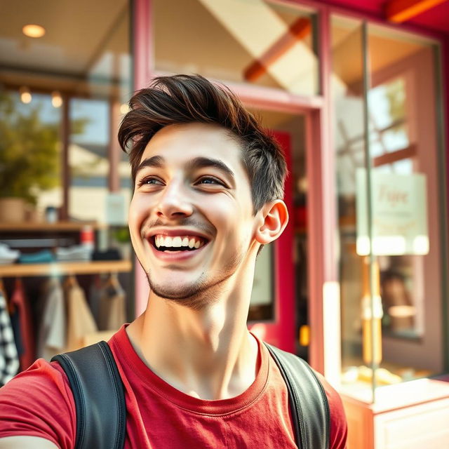 A young man with a joyful expression as he discovers the perfect store