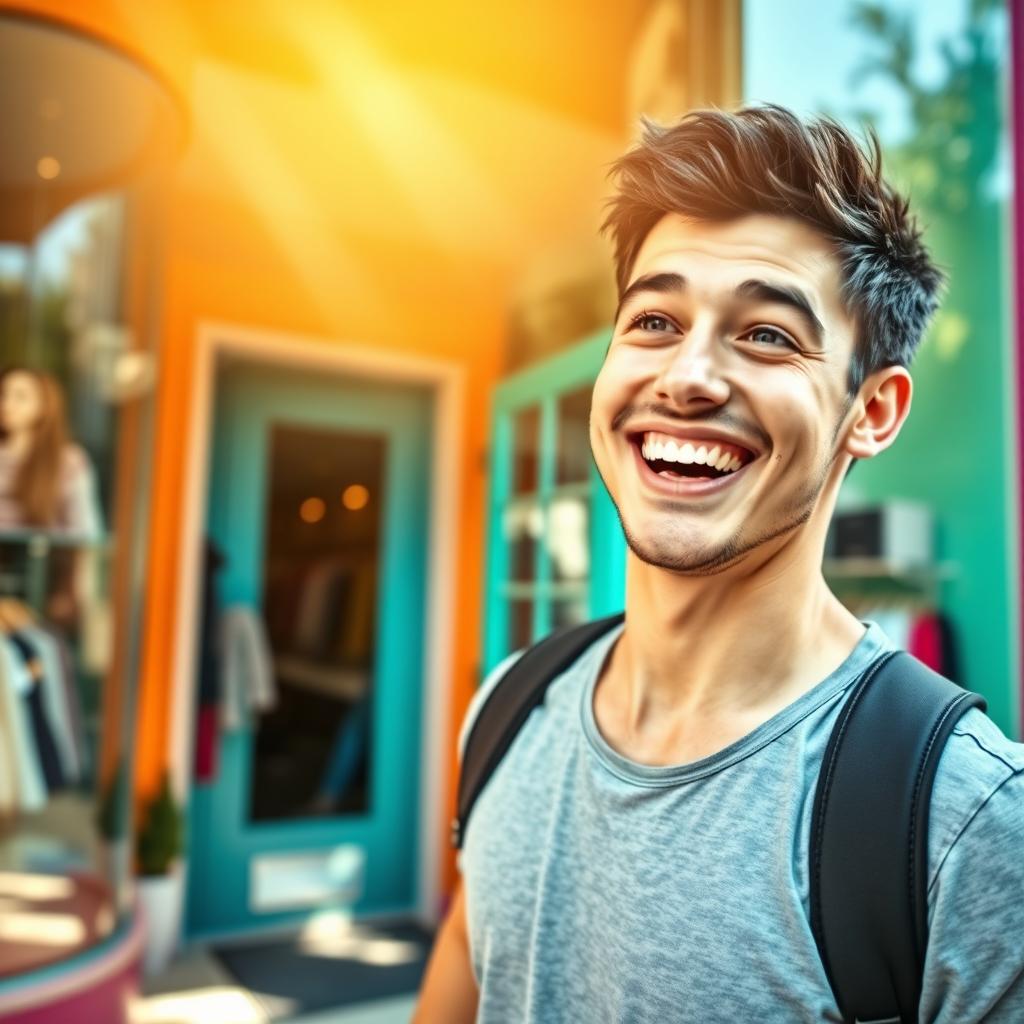 A young man with a joyful expression as he discovers the perfect store