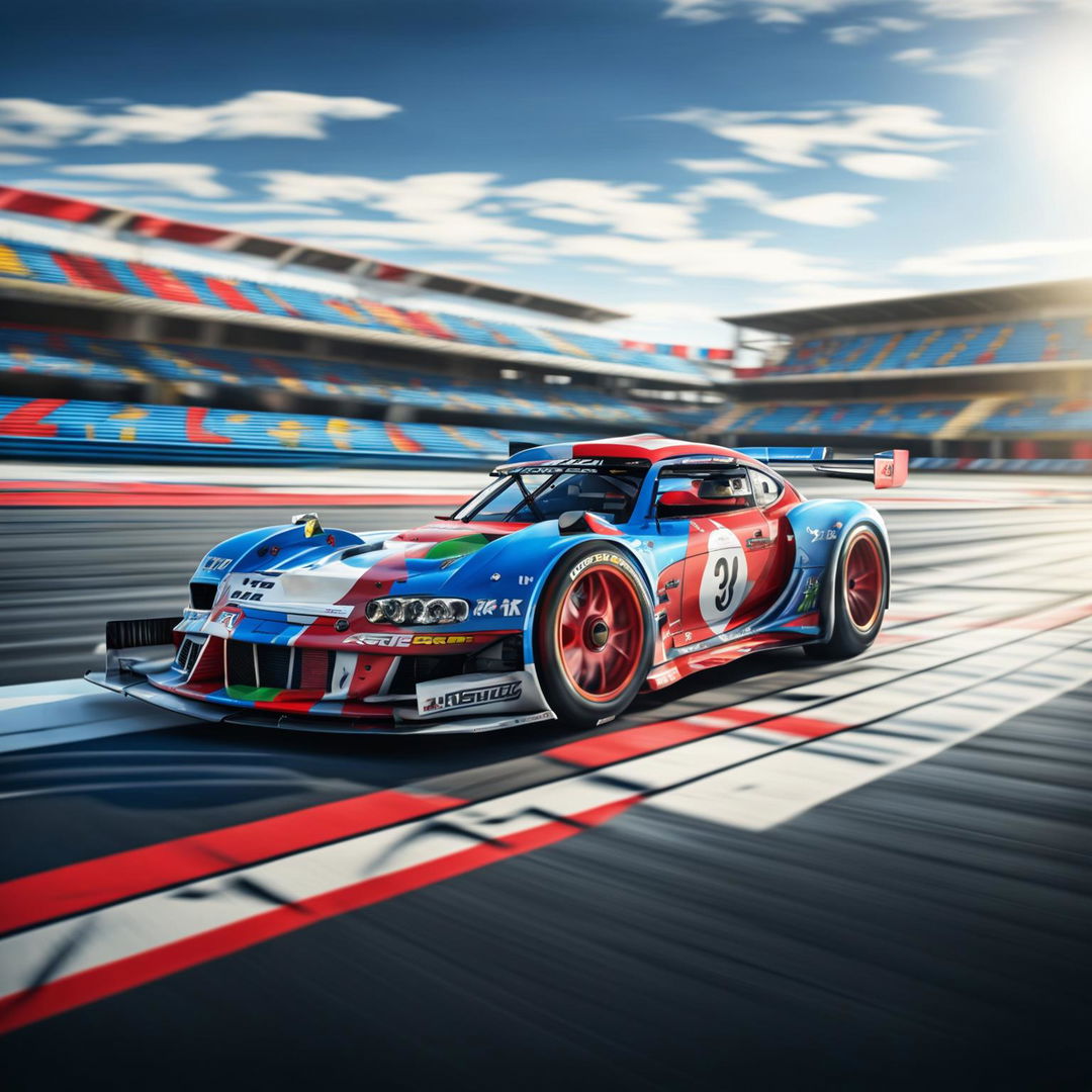 The image is a high-quality digital art representation of a Dominican Republic race car on a professional track