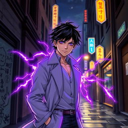 A captivating superhero comic book cover featuring a youthful male character with shaggy black hair and mesmerizing amethyst eyes