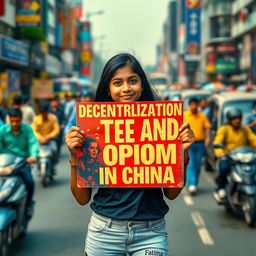 A vibrant scene of an Indian girl named Fatima standing on a busy urban road