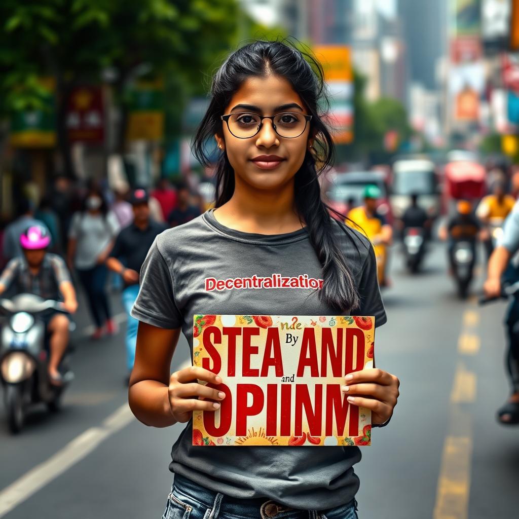 A vibrant scene of an Indian girl named Fatima standing on a busy urban road