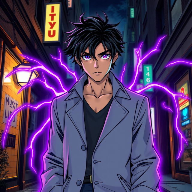 A captivating superhero comic book cover featuring a youthful male character with shaggy black hair and mesmerizing amethyst eyes