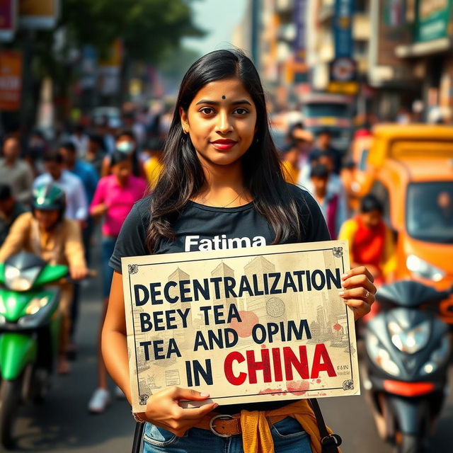 A vibrant scene of an Indian girl named Fatima standing on a busy urban road