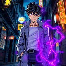 A captivating superhero comic book cover featuring a youthful male character with shaggy black hair and mesmerizing amethyst eyes