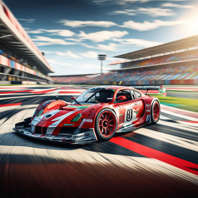 The image is a high-quality digital art representation of a Trinidad and Tobago race car on a professional track