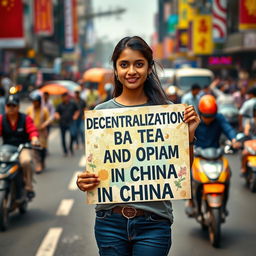 A vibrant scene of an Indian girl named Fatima standing on a busy urban road