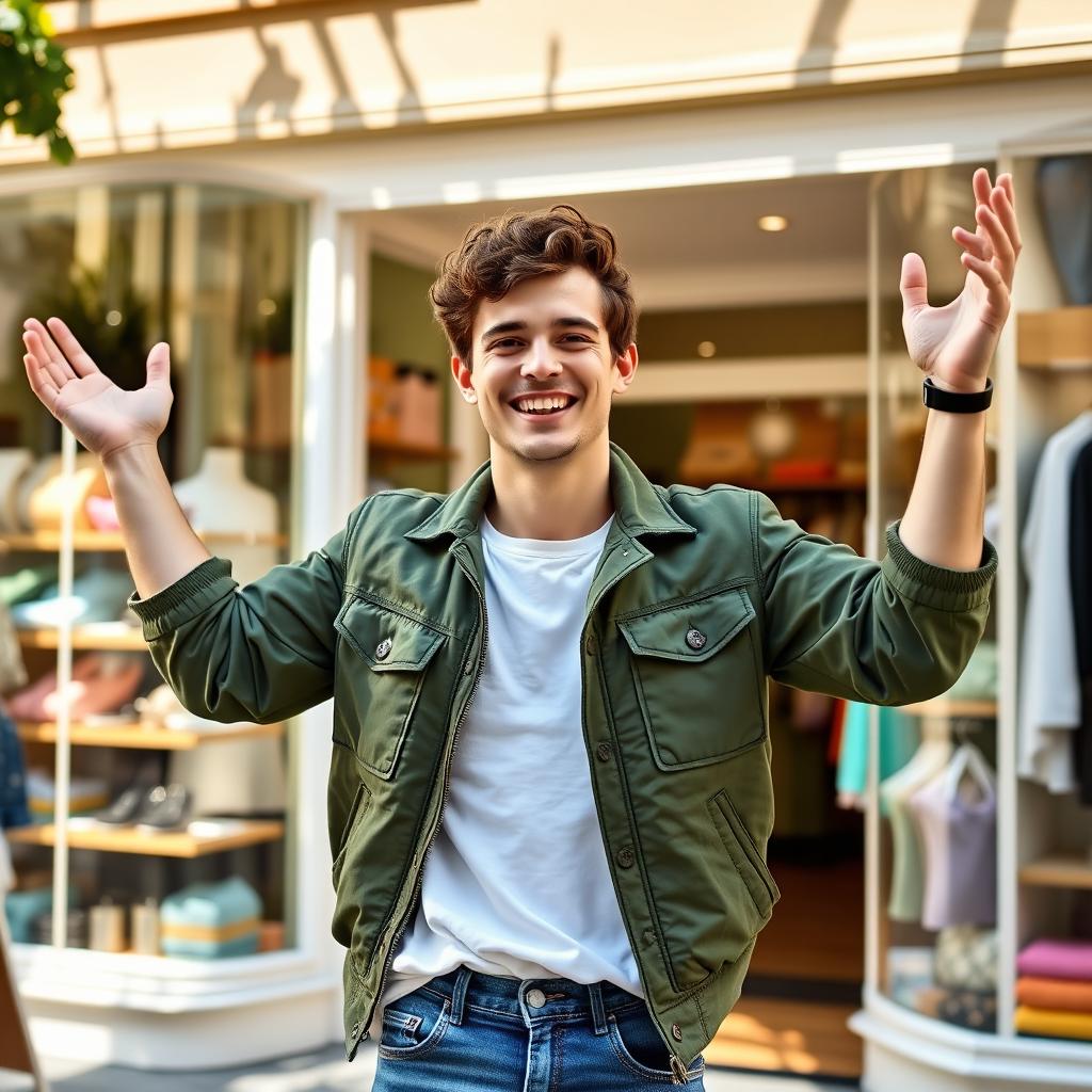 A young man with an expression of happiness as he discovers the perfect store