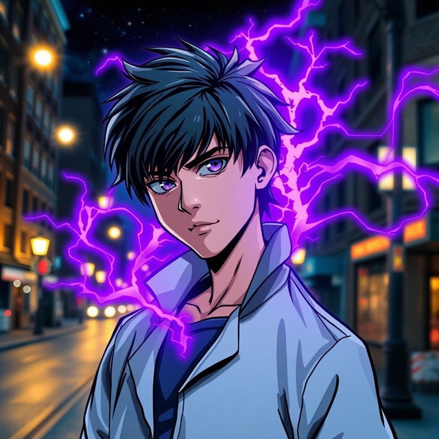 A superhero comic book cover featuring a youthful male character with shaggy black hair and striking amethyst eyes