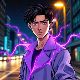A superhero comic book cover featuring a youthful male character with shaggy black hair and striking amethyst eyes