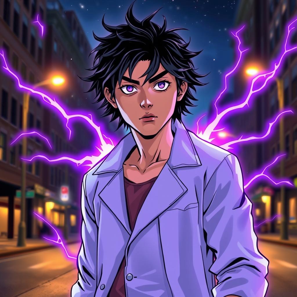 A superhero comic book cover featuring a youthful male character with shaggy black hair and striking amethyst eyes