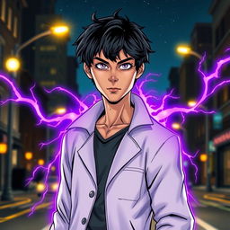 A superhero comic book cover featuring a youthful male character with shaggy black hair and striking amethyst eyes