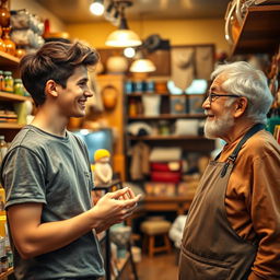 A young man engaged in a friendly conversation with a shopkeeper inside a cozy store filled with various items