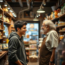 A young man engaged in a friendly conversation with a shopkeeper inside a cozy store filled with various items