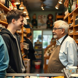 A young man engaged in a friendly conversation with a shopkeeper inside a cozy store filled with various items