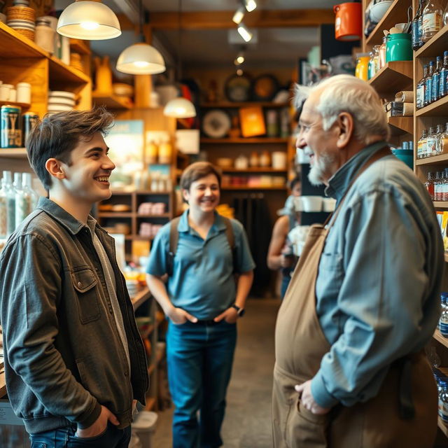 A young man engaged in a friendly conversation with a shopkeeper inside a cozy store filled with various items