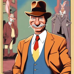 A high-quality digital art movie poster featuring Eddie Valiant, portrayed by Harrison Ford, in the style of 'Who Framed Roger Rabbit'