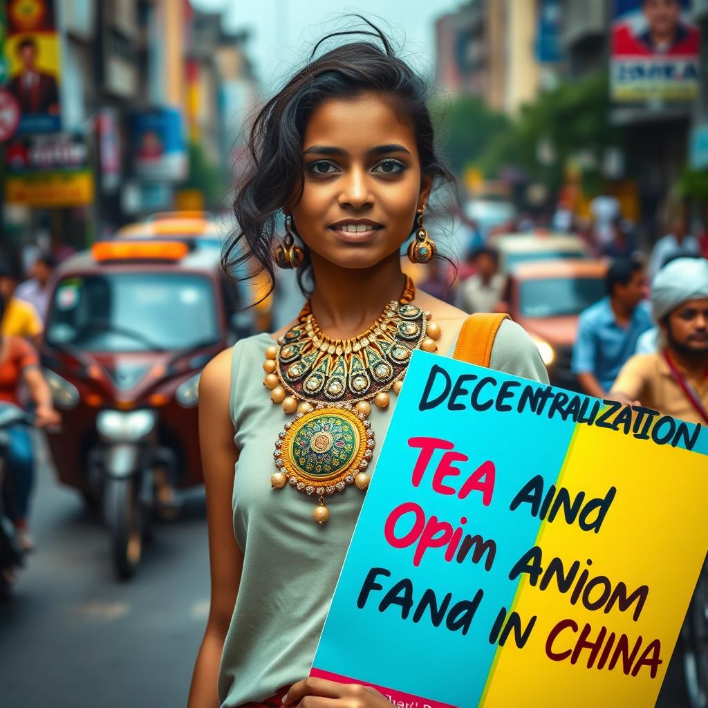 A lively scene featuring an Indian girl named Fatima standing confidently on a bustling urban road