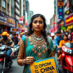 A lively scene featuring an Indian girl named Fatima standing confidently on a bustling urban road