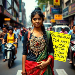 A lively scene featuring an Indian girl named Fatima standing confidently on a bustling urban road