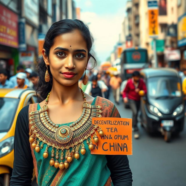 A lively scene featuring an Indian girl named Fatima standing confidently on a bustling urban road