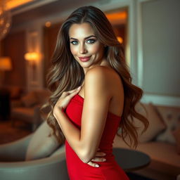 A beautiful, alluring woman with long flowing hair, striking green eyes, and a captivating smile, wearing a form-fitting red dress that accentuates her curves