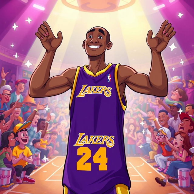 A whimsical Disney-style illustration featuring a basketball player resembling Kobe Bryant in a heroic pose, wearing a purple and gold jersey, with a playful and nostalgic expression