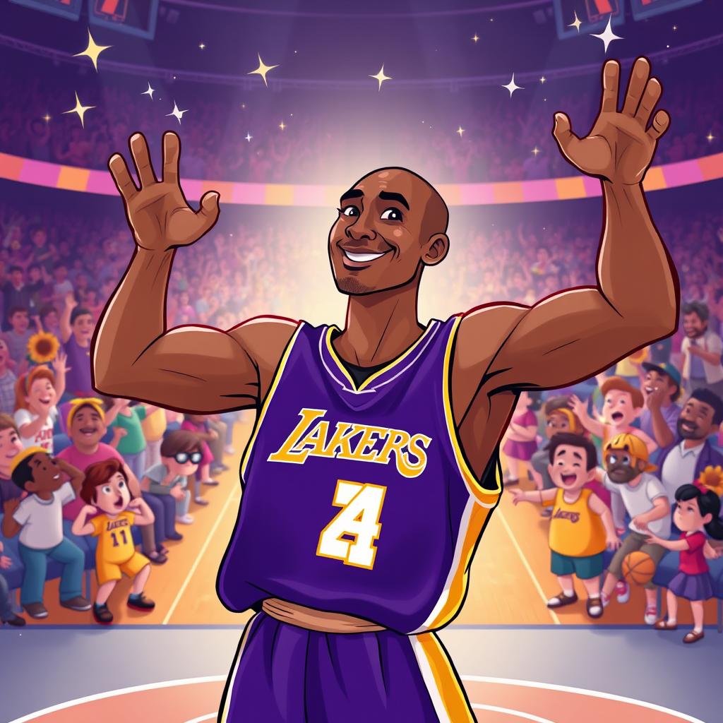 A whimsical Disney-style illustration featuring a basketball player resembling Kobe Bryant in a heroic pose, wearing a purple and gold jersey, with a playful and nostalgic expression