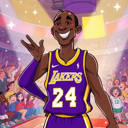 A whimsical Disney-style illustration featuring a basketball player resembling Kobe Bryant in a heroic pose, wearing a purple and gold jersey, with a playful and nostalgic expression