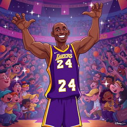 A whimsical Disney-style illustration featuring a basketball player resembling Kobe Bryant in a heroic pose, wearing a purple and gold jersey, with a playful and nostalgic expression