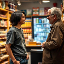 A young man engaging in a conversation with the store clerk, set in a cozy retail environment