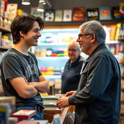 A young man engaging in a conversation with the store clerk, set in a cozy retail environment