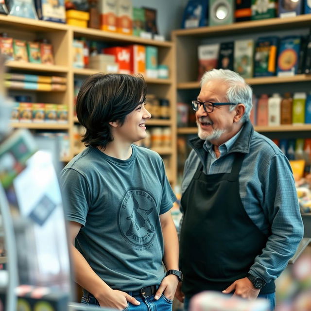 A young man engaging in a conversation with the store clerk, set in a cozy retail environment