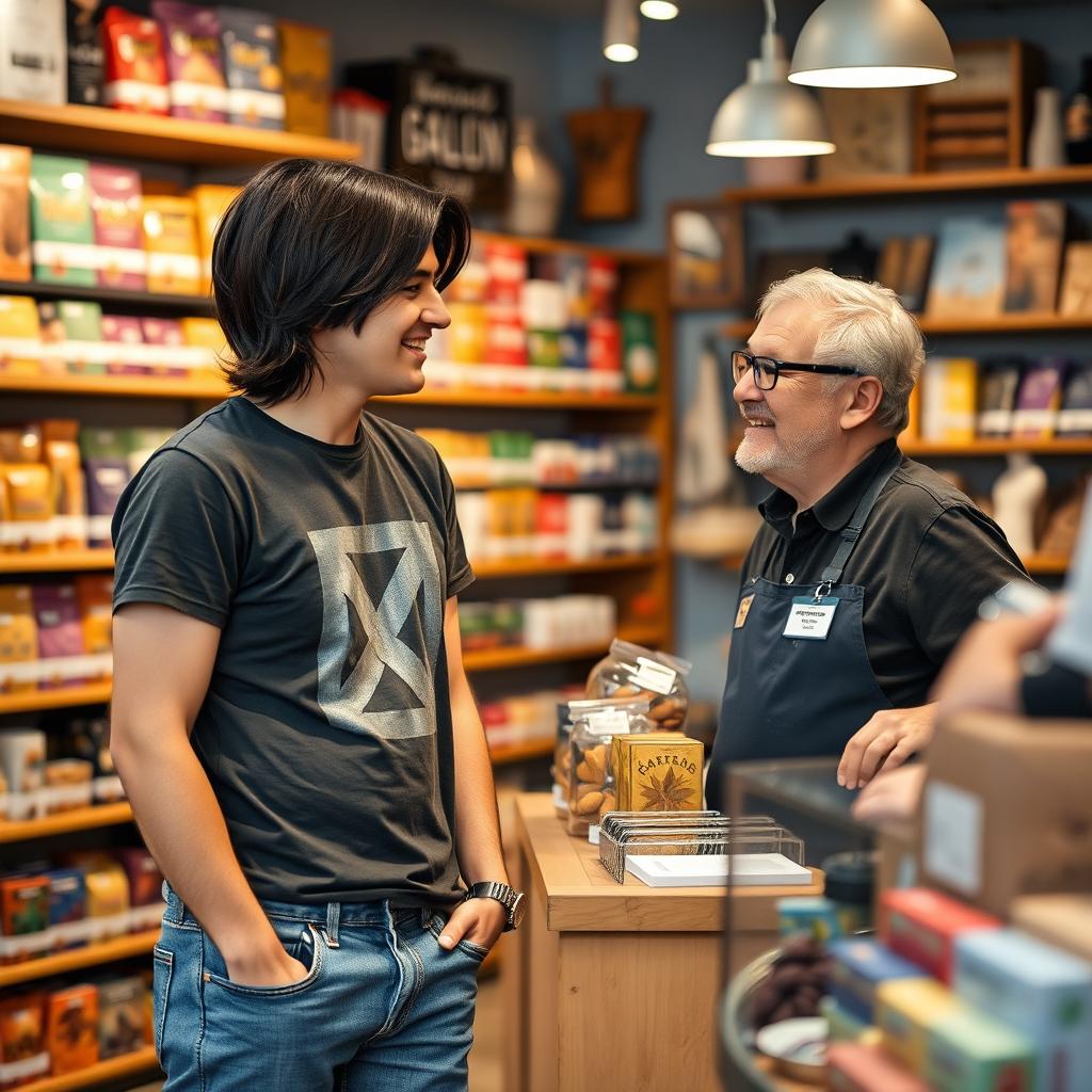 A young man engaging in a conversation with the store clerk, set in a cozy retail environment