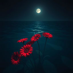 A surreal scene featuring striking red daisy flowers submerged in a vast ocean