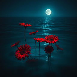 A surreal scene featuring striking red daisy flowers submerged in a vast ocean