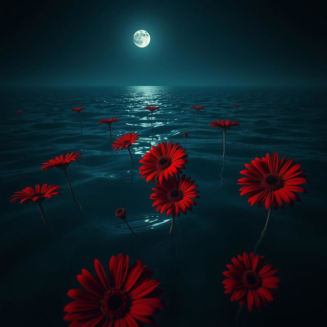 A surreal scene featuring striking red daisy flowers submerged in a vast ocean