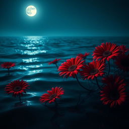 A surreal scene featuring striking red daisy flowers submerged in a vast ocean