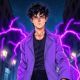 A superhero comic book cover featuring a tall, youthful male character with shaggy black hair and striking amethyst eyes