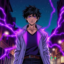 A superhero comic book cover featuring a tall, youthful male character with shaggy black hair and striking amethyst eyes