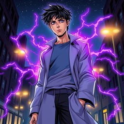 A superhero comic book cover featuring a tall, youthful male character with shaggy black hair and striking amethyst eyes
