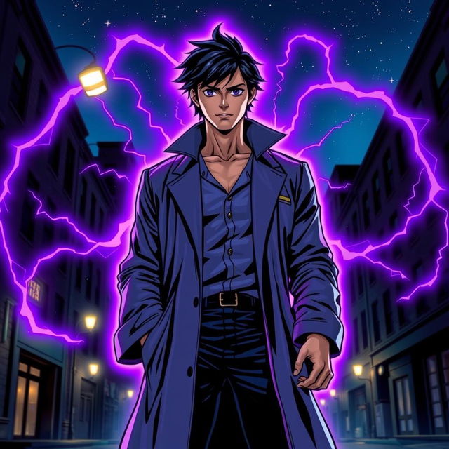 A superhero comic book cover featuring a tall, youthful male character with shaggy black hair and striking amethyst eyes