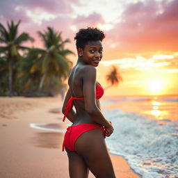 A 20-year-old Kenyan girl with short, natural curls, wearing a vibrant red bikini, stands confidently on a sandy beach at the edge of the Indian Ocean