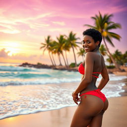 A 20-year-old Kenyan girl with short, natural curls, wearing a vibrant red bikini, stands confidently on a sandy beach at the edge of the Indian Ocean