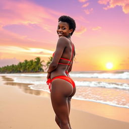 A 20-year-old Kenyan girl with short, natural curls, wearing a vibrant red bikini, stands confidently on a sandy beach at the edge of the Indian Ocean