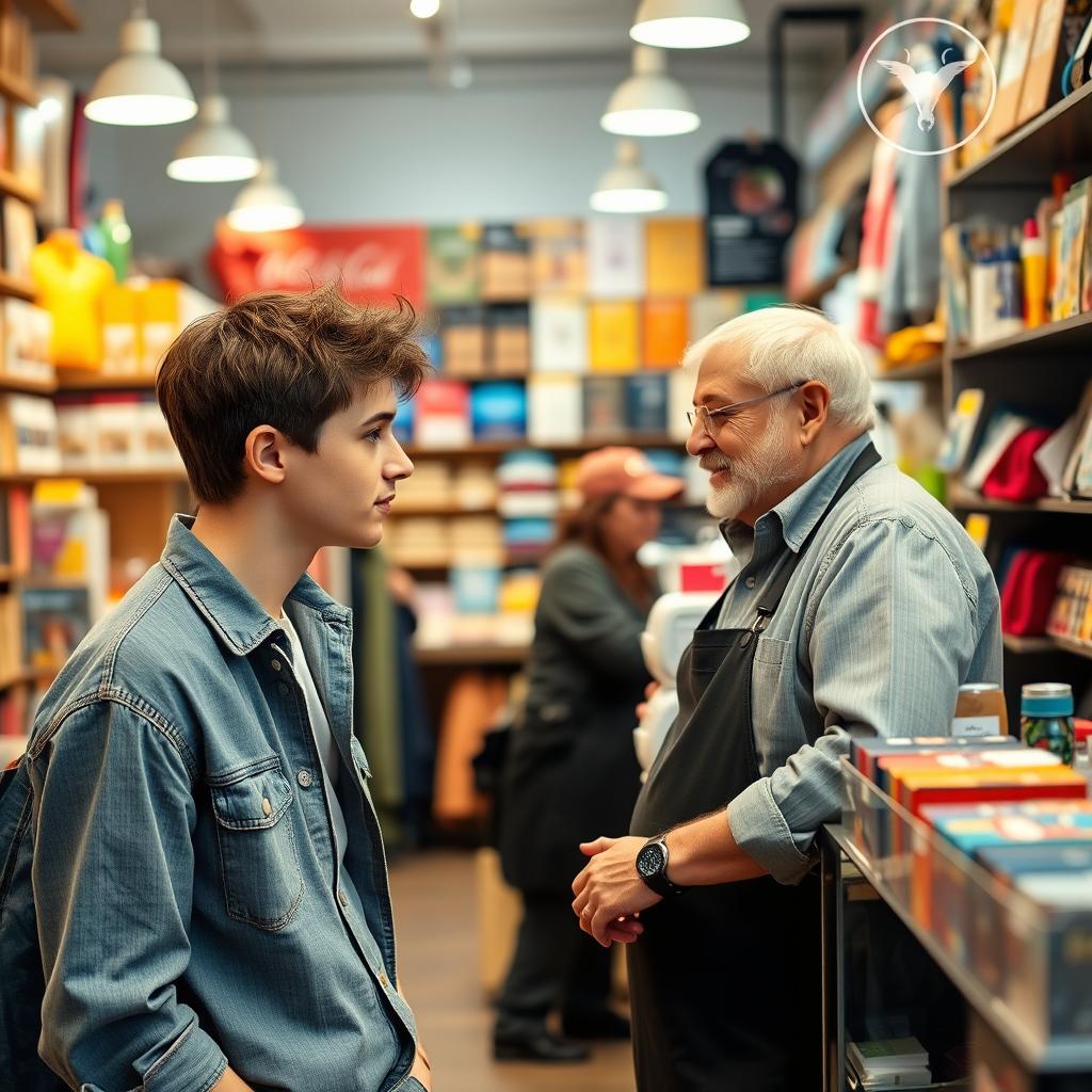 A young man having a conversation with a store clerk in a vibrant retail setting