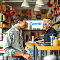 A young man having a conversation with a store clerk in a vibrant retail setting