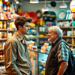 A young man having a conversation with a store clerk in a vibrant retail setting
