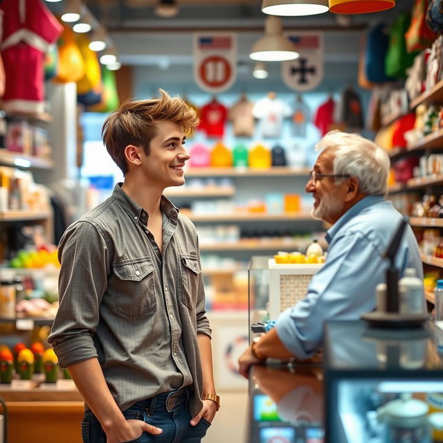 A young man having a conversation with a store clerk in a vibrant retail setting