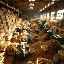 A large pistachio warehouse bustling with workers diligently sorting and processing pistachios